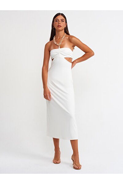 Dilvin 90357 Chain Neck Strap Long Dress-ecru