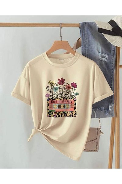 Keywest Μπλουζάκι Birtday Mix Printed Oversize Unisex Βαμβακερό Μπεζ μπλουζάκι