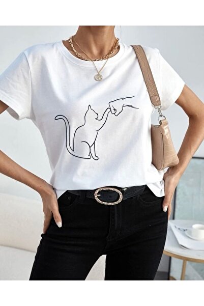 Keywest Tricou alb unisex din bumbac cu imprimeu labe de pisică