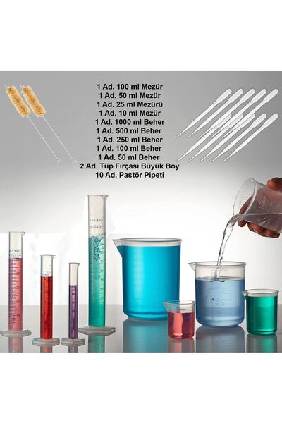 ATEL-SAN Beher Ve Mezür Set / Ölçü Kabı - Plastik Şeffaf (beher + Mezür + Pastör Pipeti + Tüp Fırçası)