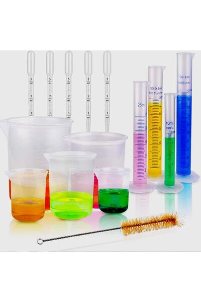 ATEL-SAN Beher Ve Mezür Set / Ölçü Kabı - Plastik Şeffaf (beher + Mezür + Pastör Pipeti + Tüp Fırçası)