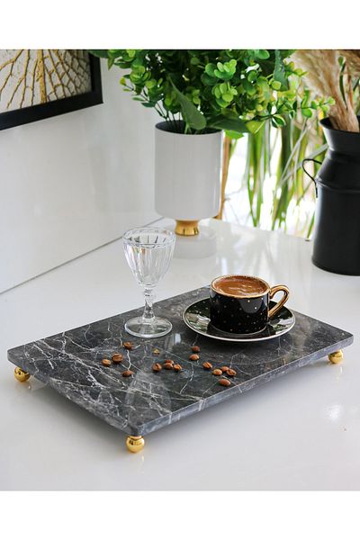 Gemboss Natural Real Marble Stand Presentation Tray Footed Decorative Marble Tray 30x20 Cm
