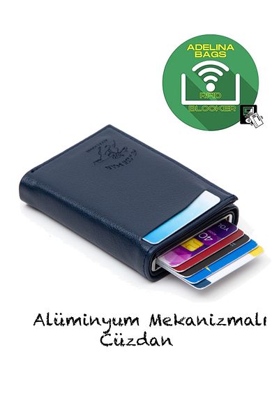 Newish Πορτοφόλι θήκης κάρτας Adelina Unisex Σκούρο Μπλε Δερμάτινο Μηχανισμό Αυτόματης Slide