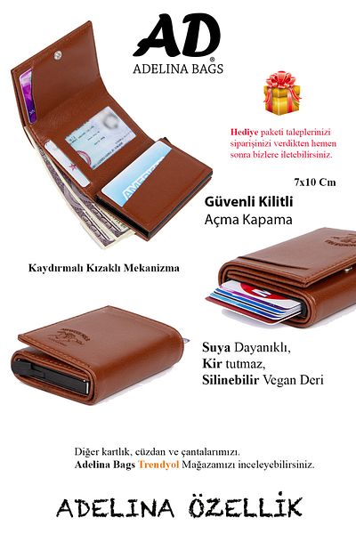 Newish Πορτοφόλι Adelina Unisex Καφέ Δερμάτινο Μηχανισμό Αυτόματο Πορτοφόλι Κάρτας