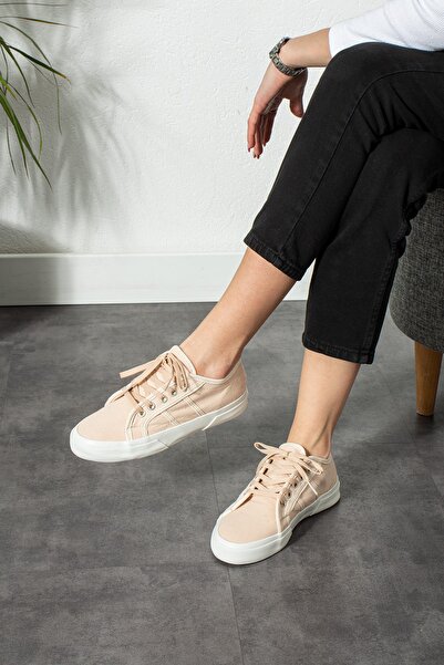 Ayax Bej Keten Kumaş Bağcıklı Günlük Ortapedik Iç Taban Kadın Sneaker