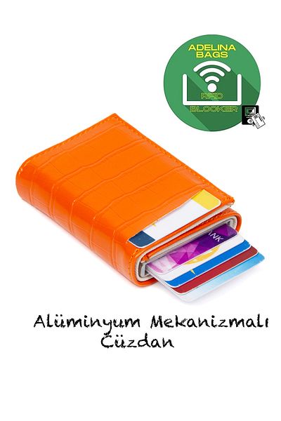 Newish Adelina Orange Crocodile Patterned Mechanism Automatic Sliding Card Holder Wallet Crocodile Card Holder