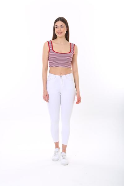manolyabutik Çizgili Askılı Kadın Fitilli Crop Örme Bluz