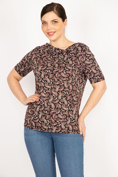 Şans Women's Colorful Plus Size Shawl Patterned Collar Detailed Blouse 65n36090