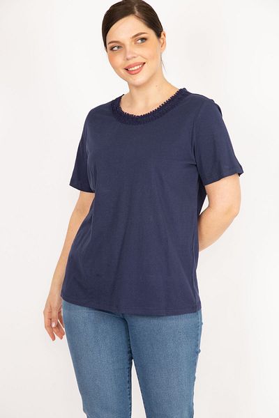 Şans Women's Navy Blue Large Size Cotton Fabric Collar Lace Blouse 65n36079