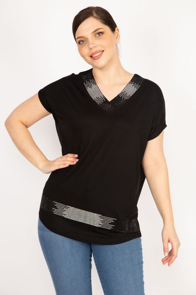 Şans Women's Black Large Size Wrap Fabric V-Neck Blouse with