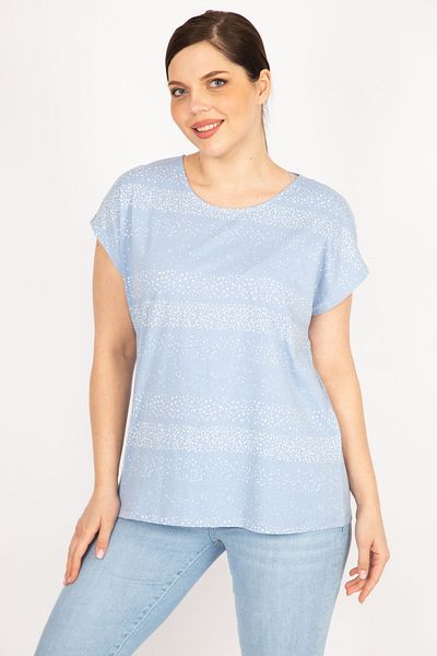 Şans Bluză pentru femei, albastru bebeluș, de marime mare, din bumbac, cu mâneci joase, cu model 65n36053