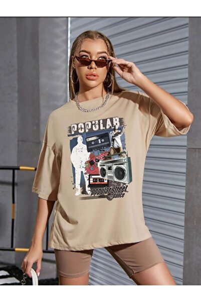 ALİKA Tricou unisex oversize cu imprimeu popular bej