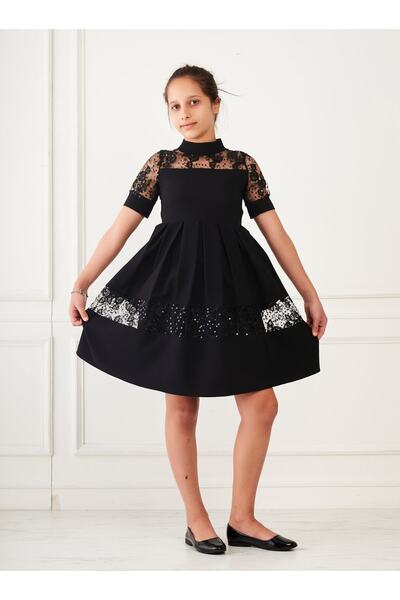 Kıvanç Çocuk Kız Çocuk Eteği Ve Omuzları Güpürlü Siyah Şık Kısa Kollu Elbise