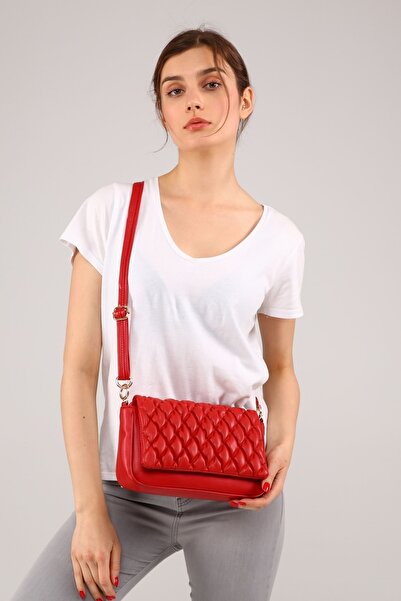 Morpelikan Women's Quilted Embroidered Red Shoulder Bag with Adjustable Shoulder Strap
