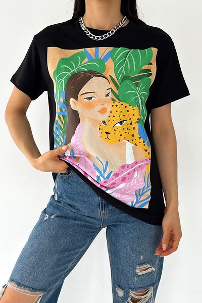 FEMELLE Tricou de damă negru din bumbac imprimat New Season