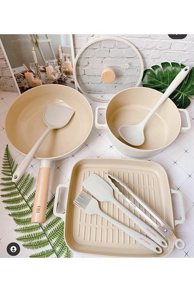 NEOFLAM Fika Cast Iron 4 Piece Pot and Pan Set with Glass Lid Beige18shallow26pan28grill