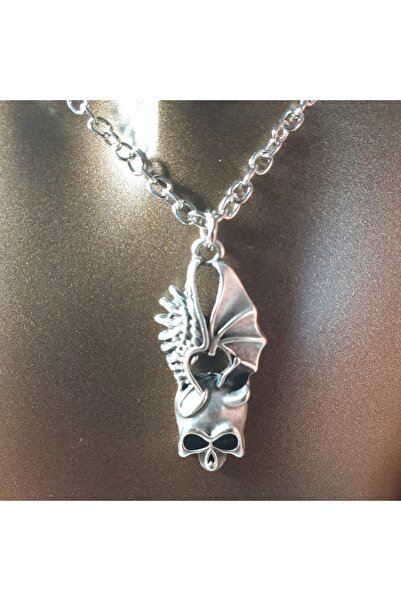 Ororabutik Gümüş Renk Gotik Fairygrunge Kanatlı Kuru Kafa-iskelet Figürlü 60c...