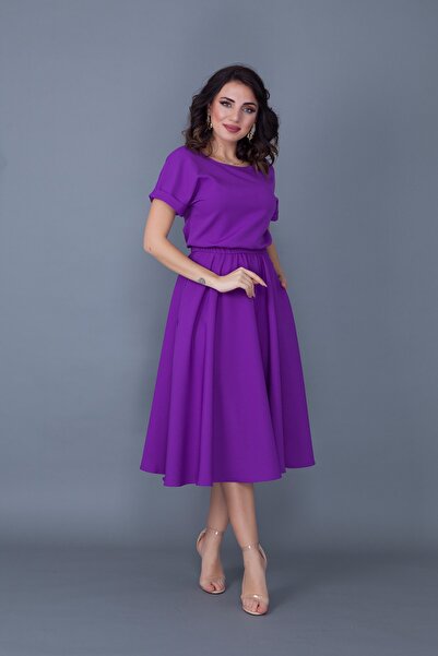 Bidoluelbise Kadın Mor Beli Lastikli Cepli Yarasa Kol Midi Boy Elbise