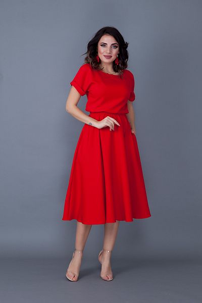 Bidoluelbise Rochie de damă, roșie, cu talie elastică, cu buzunare, cu mânecă liliac, lungime midi