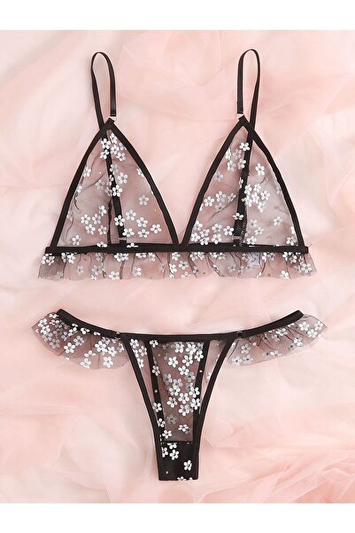 Jeroan Siyah Çiçek Detaylı Fırfırlı Iç Çamaşırı Takımı ( Jartiyer Hediyeli )