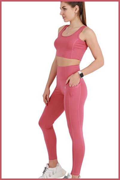 missmaral Women's Dried Rose High Waist Recovery Double Pocket Sports Leggings Regular Size Slim Fit Appearance 1057