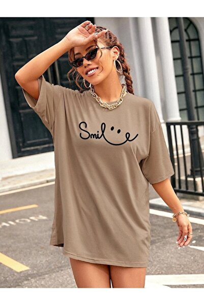 blausee wear Μπεζ μπλουζάκι Oversize Smile Printed