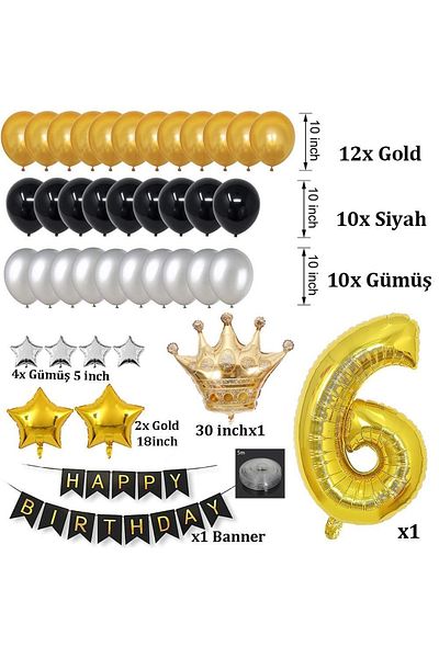 Patladı Gitti Large Size King Crowned Gold-silver-black 6 Year Old Birthday Set