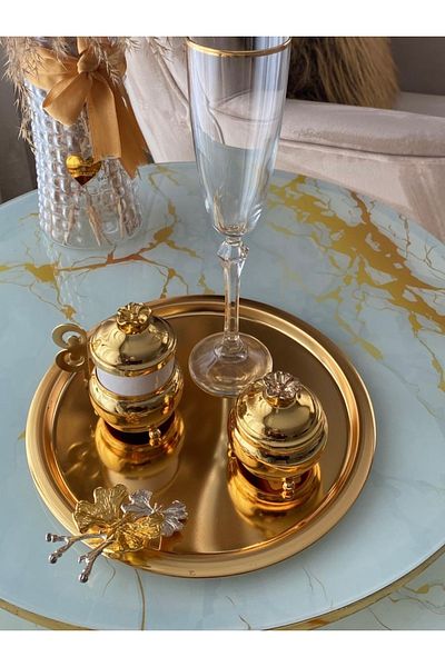 Elzem Decorative Round Gold Color Presentation Tray Metal Butterfly Lux