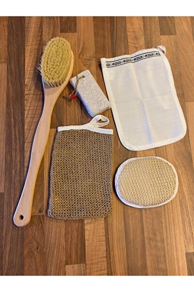 Gülers Collection %100 Doğal Keten Banyo Lif, Tampiko Otu Vücut Fırçası, Yüz Lifi, Kese Ve Ponza Taşı 5'li Banyo Seti