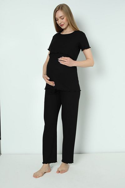 Miss Dünya Lissa Set de pijamale de maternitate și de maternitate din țesătură tricotată cu snur din bumbac negru