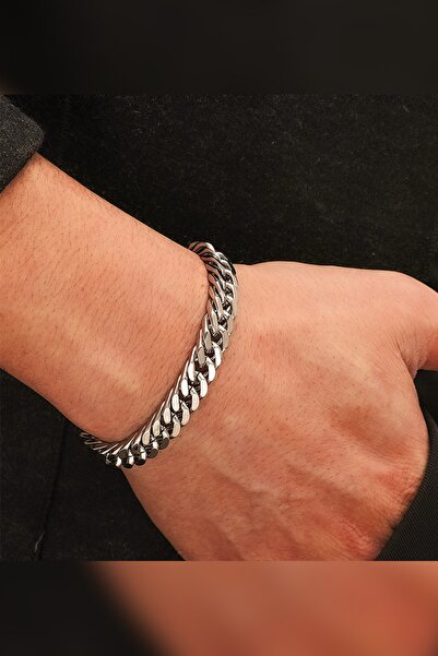 THE Steel Unisex Kararmaz Kalın Küba Gümüş Çelik Bileklik