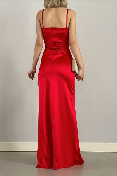 vuvutasarım Yeni Sezon Göğüs Dekolte Ve Yırtmaç Detaylı Tasarım Saten Kumaş Maxi Elbise 582177