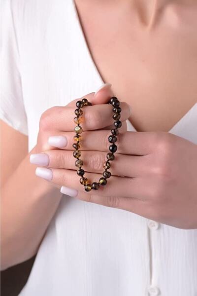 Amberistan Adult Antique Green Fossil Amber Necklace - Certified, Original 45cm - Baltic Amber Necklace