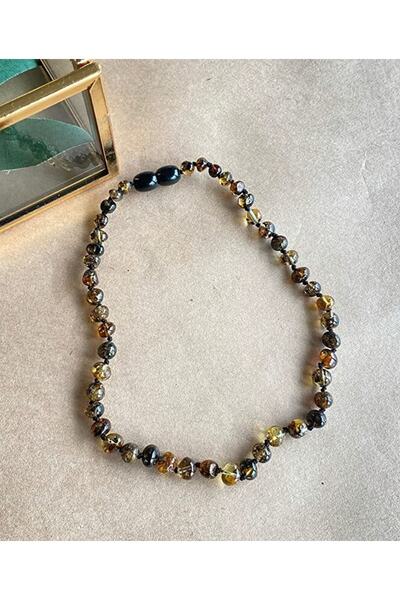 Amberistan Adult Antique Green Fossil Amber Necklace - Certified, Original 45cm - Baltic Amber Necklace