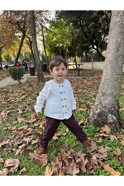 Kidsabu مجموعة مزدوجة كبيرة الحجم - مجموعة علوية للأطفال من Woody Mu وبنطلون كتان وقميص قطني للجنسين للأطفال الأولاد
