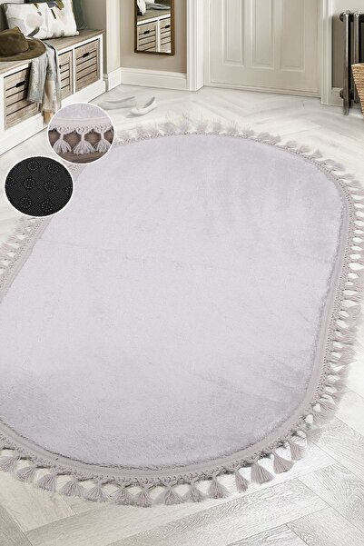 Dokumacıoğlu Relax Gri Leke Tutmaz Yıkanabilir Kaymaz Saçaklı Oval Püsküllü Halı