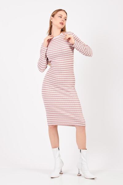 orcey Kadın Bisiklet Yaka Uzun Kollu Jakarlı Elbise