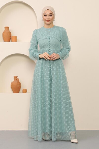 Modamihram Zapinana na guziki szczegółowa tiulowa suknia wieczorowa Mint 12237