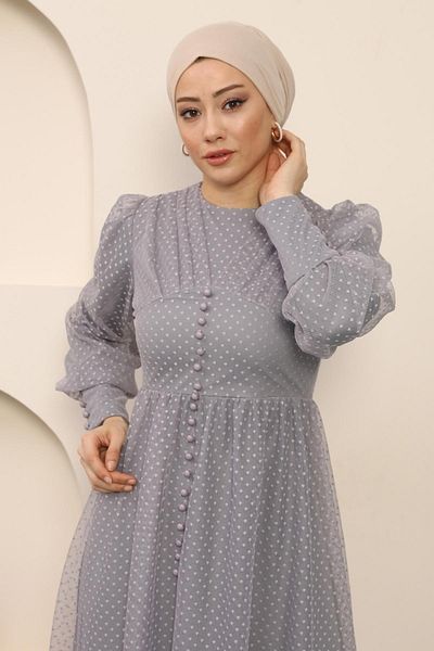 Modamihram Abendkleid aus Tüll mit Knöpfen, Grau 12237