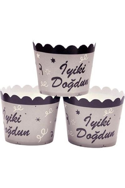 Kokoş Parti Silver-Black Cupcake Container with Happy Birthday