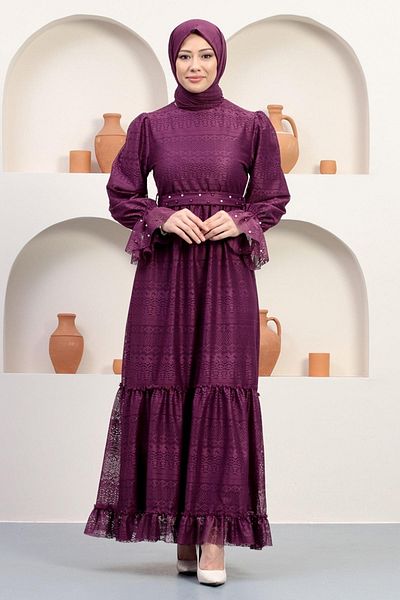 Modamihram Rochie de seara din dantela cu perle, prune 12239
