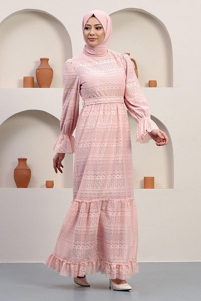 Modamihram Rochie de seară din dantelă cu perle, pudră 12239