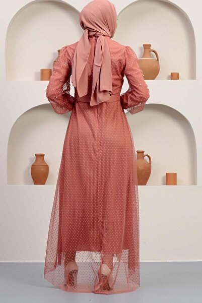 Modamihram Βραδινό φόρεμα από τούλι με πέτρινη ζώνη Salmon 12242