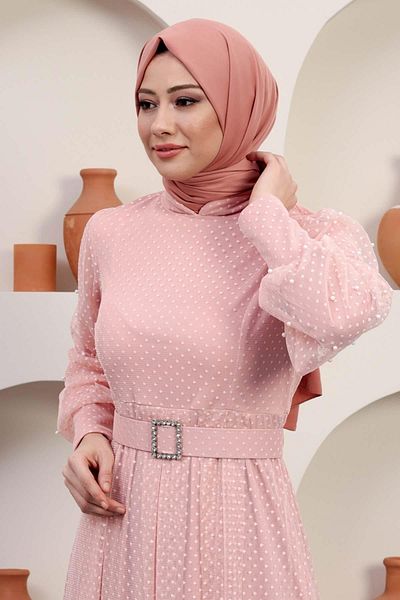 Modamihram Rochie de seara din tul cu curea, pudra 12242