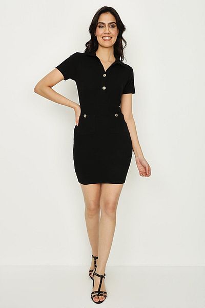 Select Moda Women's Black Button Detailed Ribbed Knitted Dress