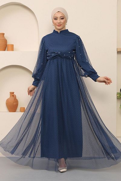 Modamihram Perlendetailliertes Tüll-Abendkleid Indigo 12238