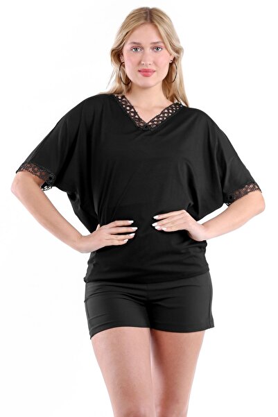 Chiccy Чорна V-подібна блуза з рукавами-крилами та мереживною обробкою
