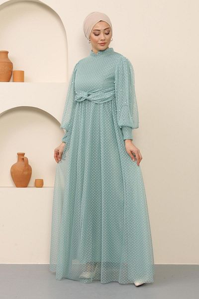 Modamihram Perlendetailliertes Tüll-Abendkleid Mint 12238
