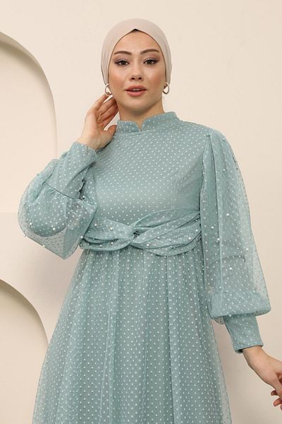 Modamihram Perlendetailliertes Tüll-Abendkleid Mint 12238