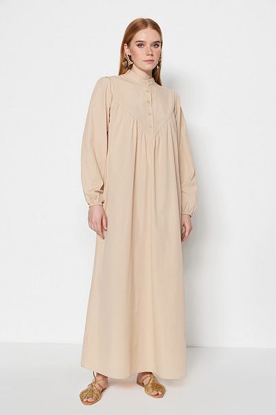 Trendyol Modest Μπεζ Gather Λεπτομερές μανίκι από βαμβακερό μπαλόνι με φαρδιά γραμμή TCTSS23EB00371